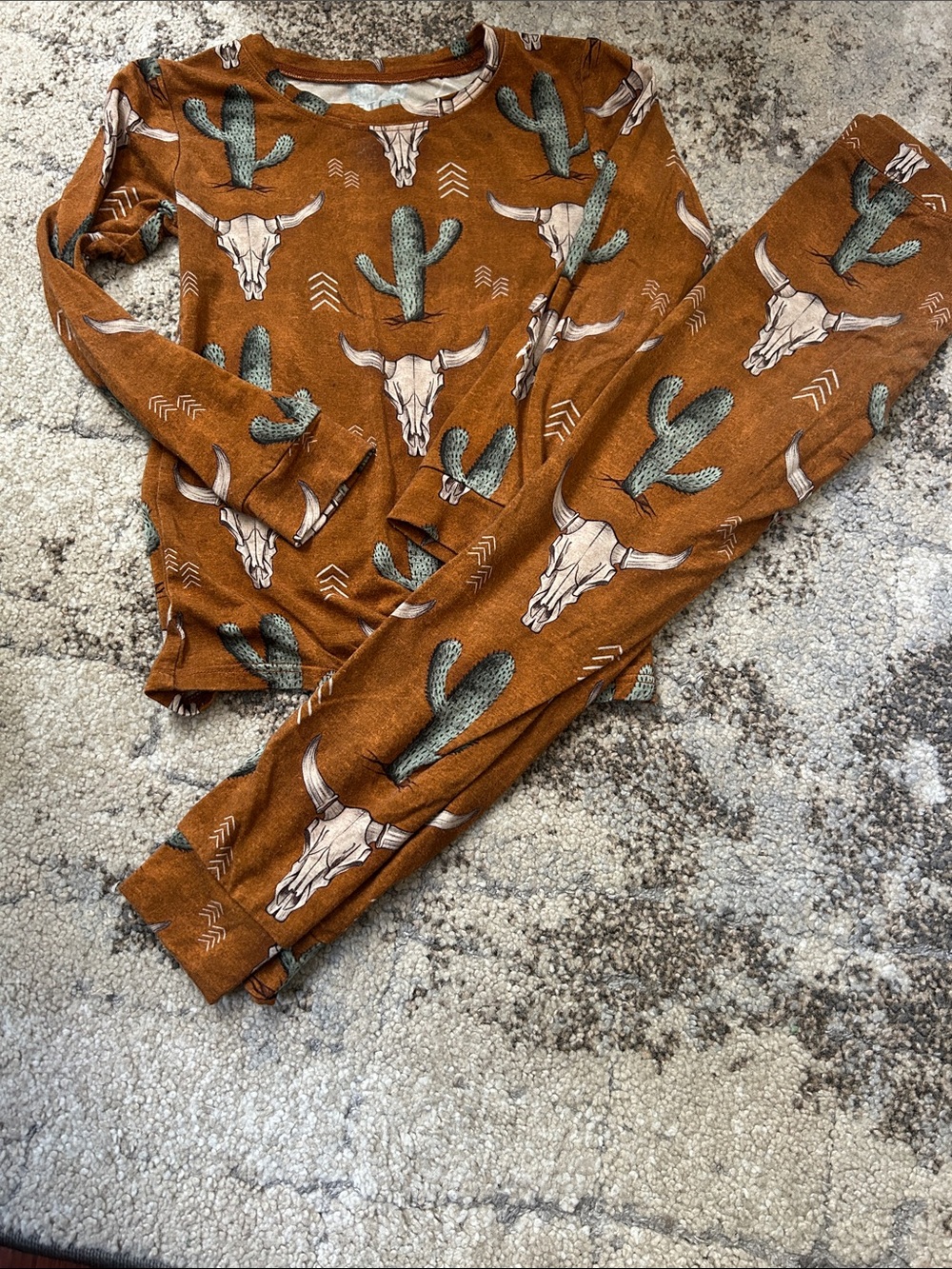 Kids Long Sleeve Pajama Set in Rust with Cactus & Skull Print